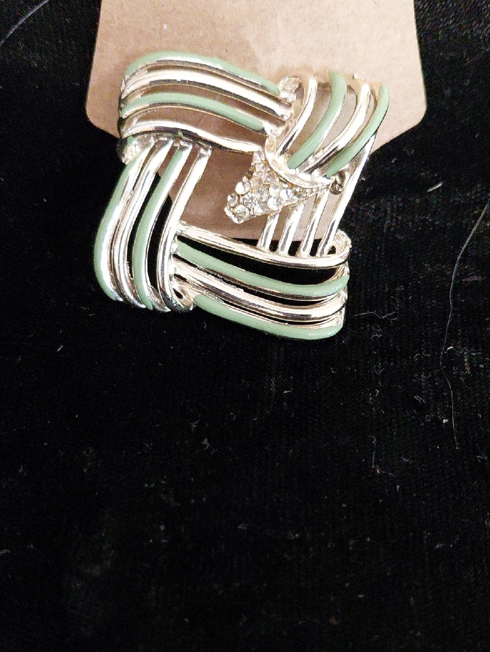Vintage Mint Green and Silver Woven Knot Brooch with Crystal Accent